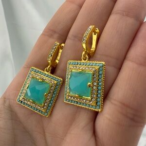 Anthropologie Vintage 18k Gold Plated Color Gold and Turquoise Square Earrings
